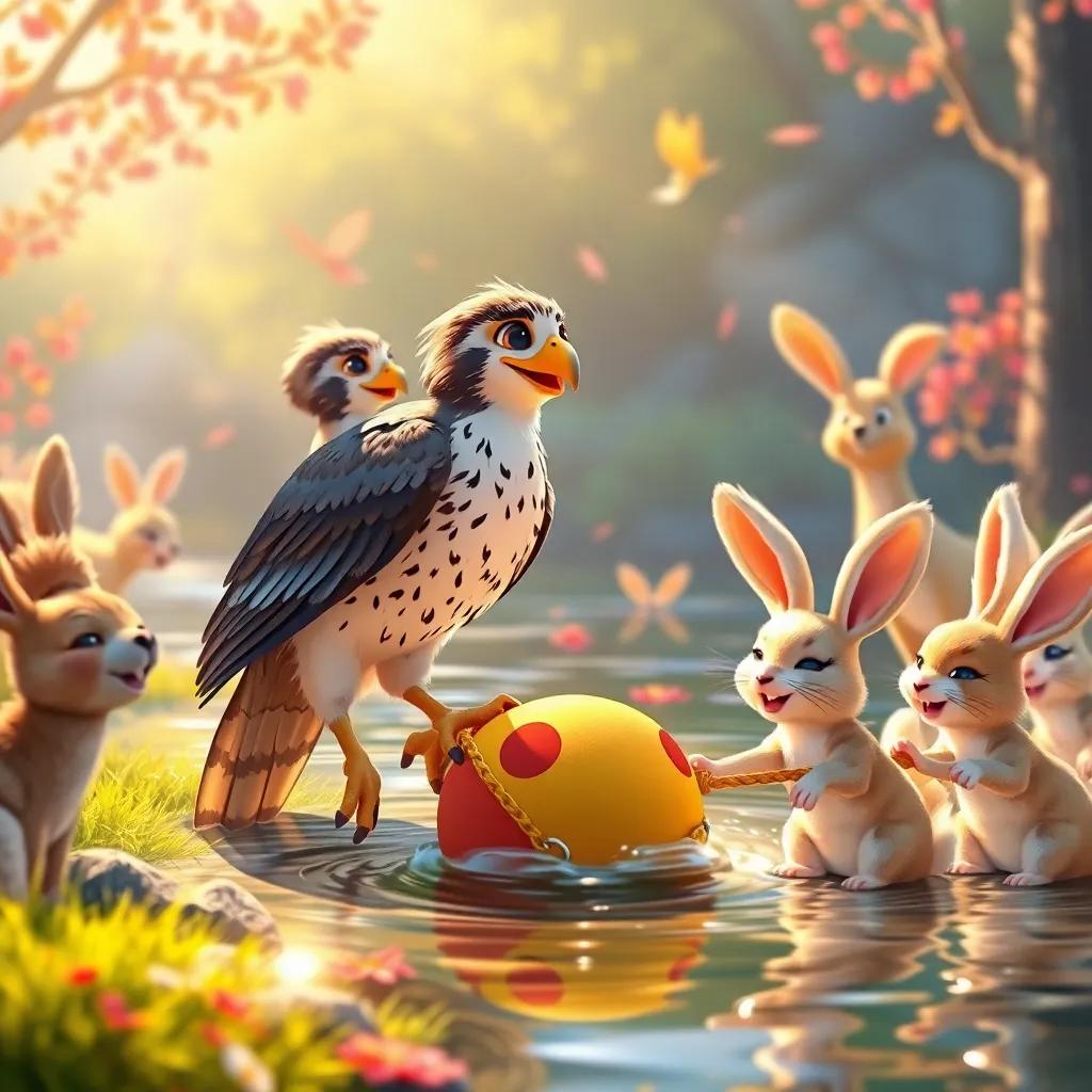 Rifat, the clever falcon, watching happily as his rabbit friends pull the toy from the river, surrounded by cheering animals, warm sunlight, heartwarming moment, bright and colorful, fantasy art