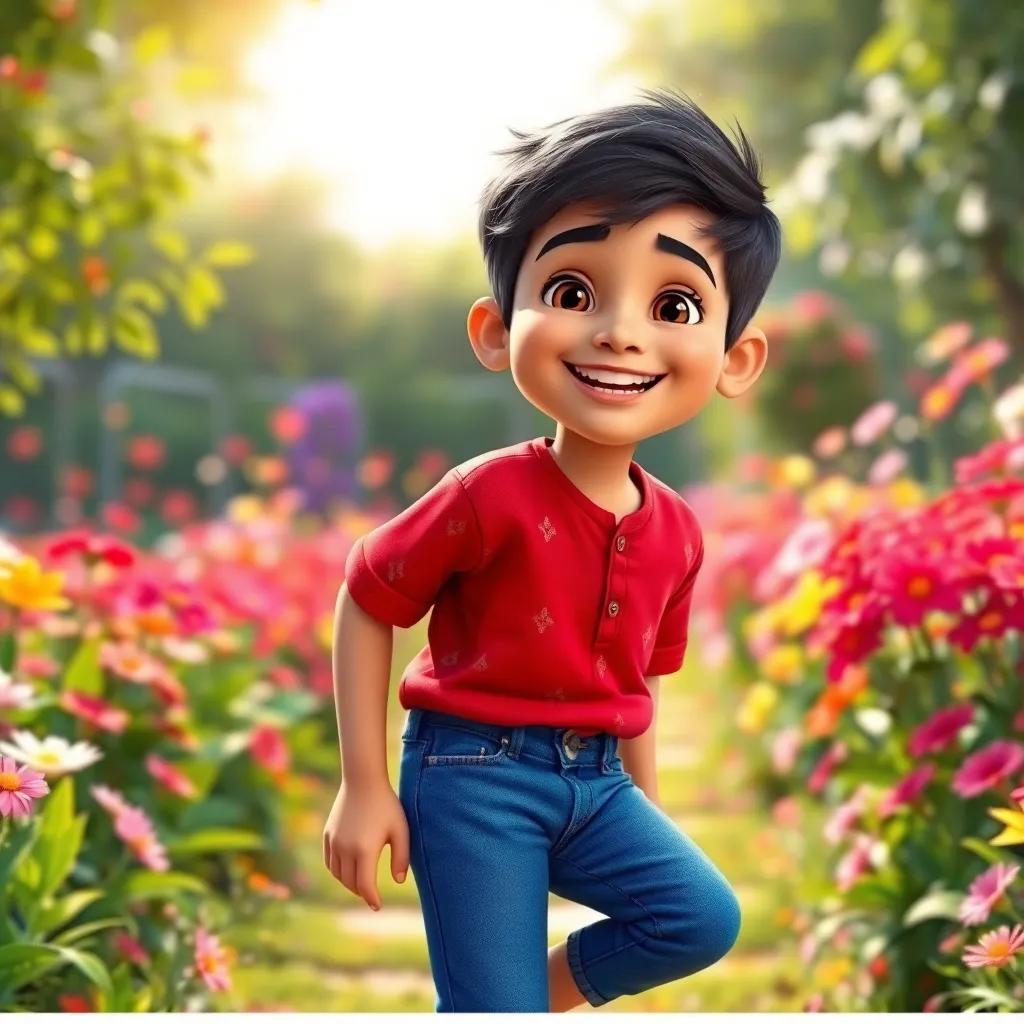 A young Arab boy, Sami, with short black hair, wearing a vibrant red shirt and blue jeans, smiling while playing in a colorful garden filled with flowers and sunlight, digital art, bright colors, joyful atmosphere, high quality