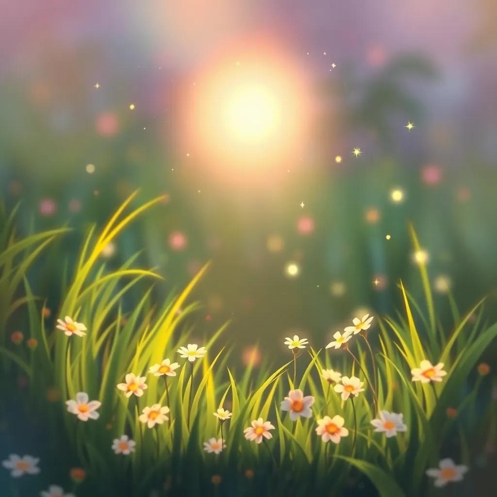 A magical light glowing softly, surrounded by flowers in the grass, with sparkles around it, creating a whimsical and enchanting scene, illustration, warm colors, mystical feeling, high quality