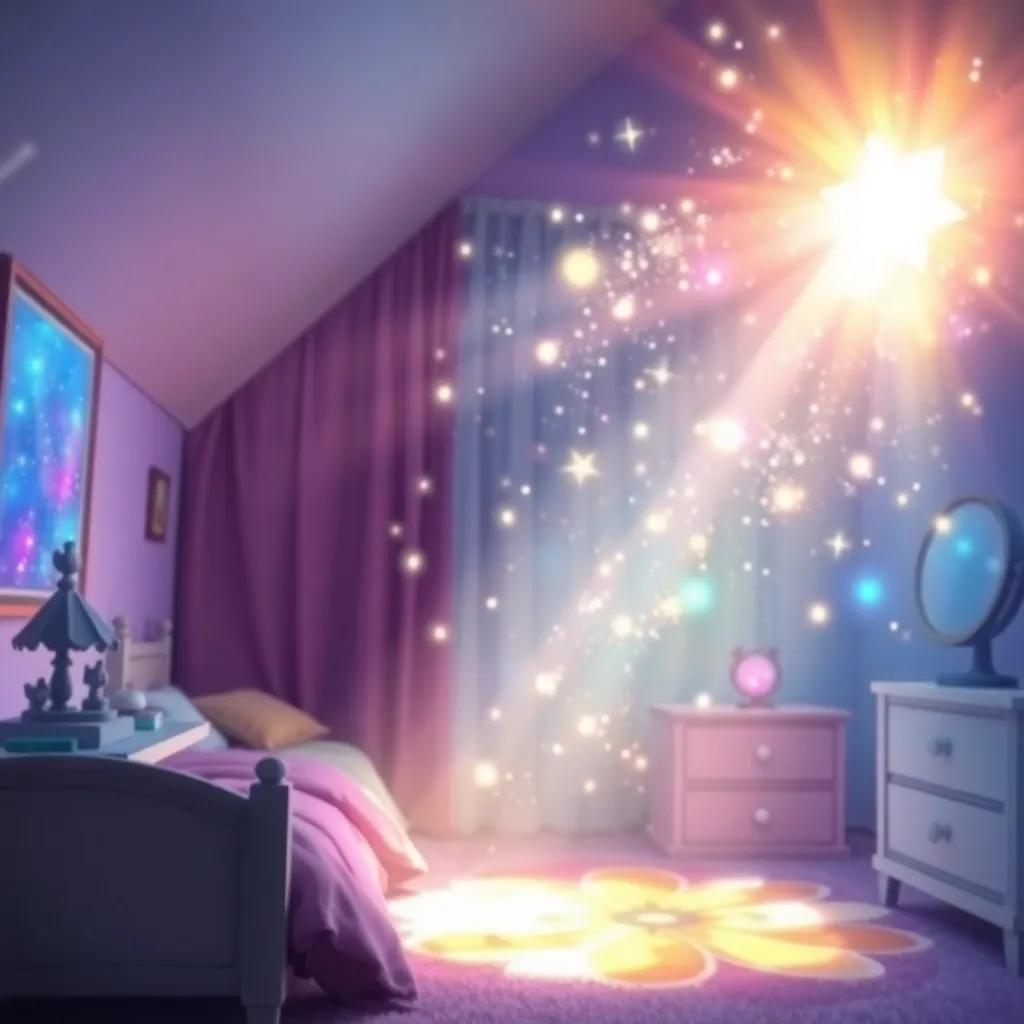 A glowing magical light, with sparkles and soft beams illuminating Sami's bedroom, revealing vibrant colors and a sense of wonder, digital painting, cheerful, uplifting atmosphere, high quality