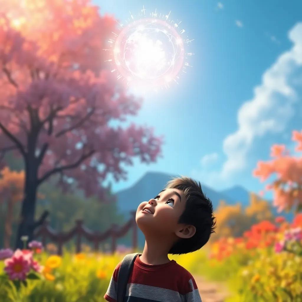 A bright magical light floating above Sami as he looks up with wonder, with a backdrop of colorful nature depicting positivity and hope, digital art, uplifting colors, joyful perspective, high quality