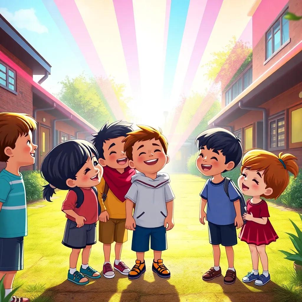 A group of children, including Sami, laughing and sharing in the schoolyard, with colorful rays of light around them, illustrating friendship and happiness, vivid art, lively colors, heartwarming scene, high quality