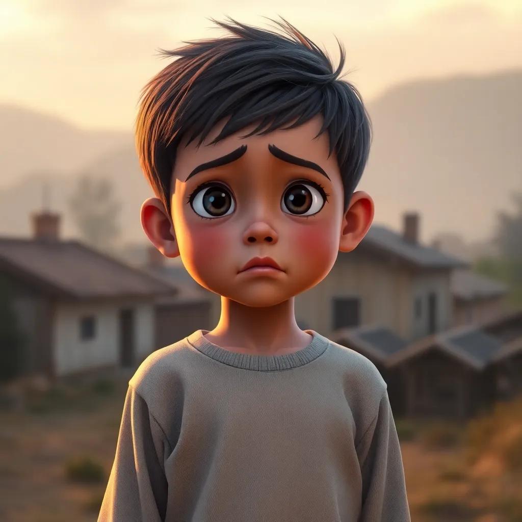 A young boy, an orphan aged eight, wearing light clothes, standing at dawn with a worried expression, soft morning light, serene village background, digital art, warm colors, emotional atmosphere, high quality