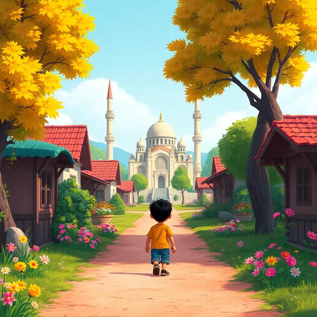 A small village with a mosque in the distance, the young boy walking towards it, surrounded by trees and flowers, cheerful scene, child's perspective, colorful illustration, inviting