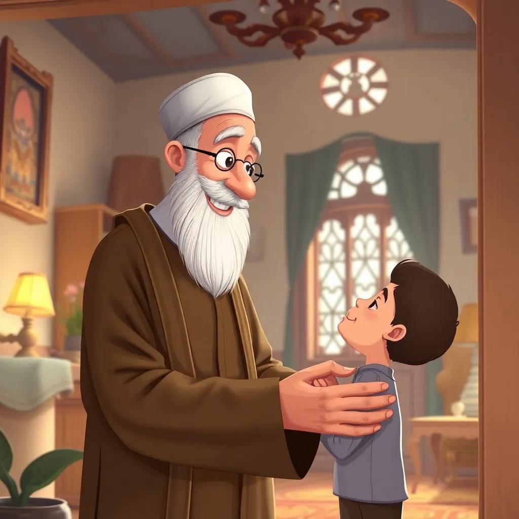 An elderly man, the Imam of the mosque, kindly welcoming the boy into his home, with a warm smile and gentle posture, cozy house interior, soft light, detailed artwork, heartwarming
