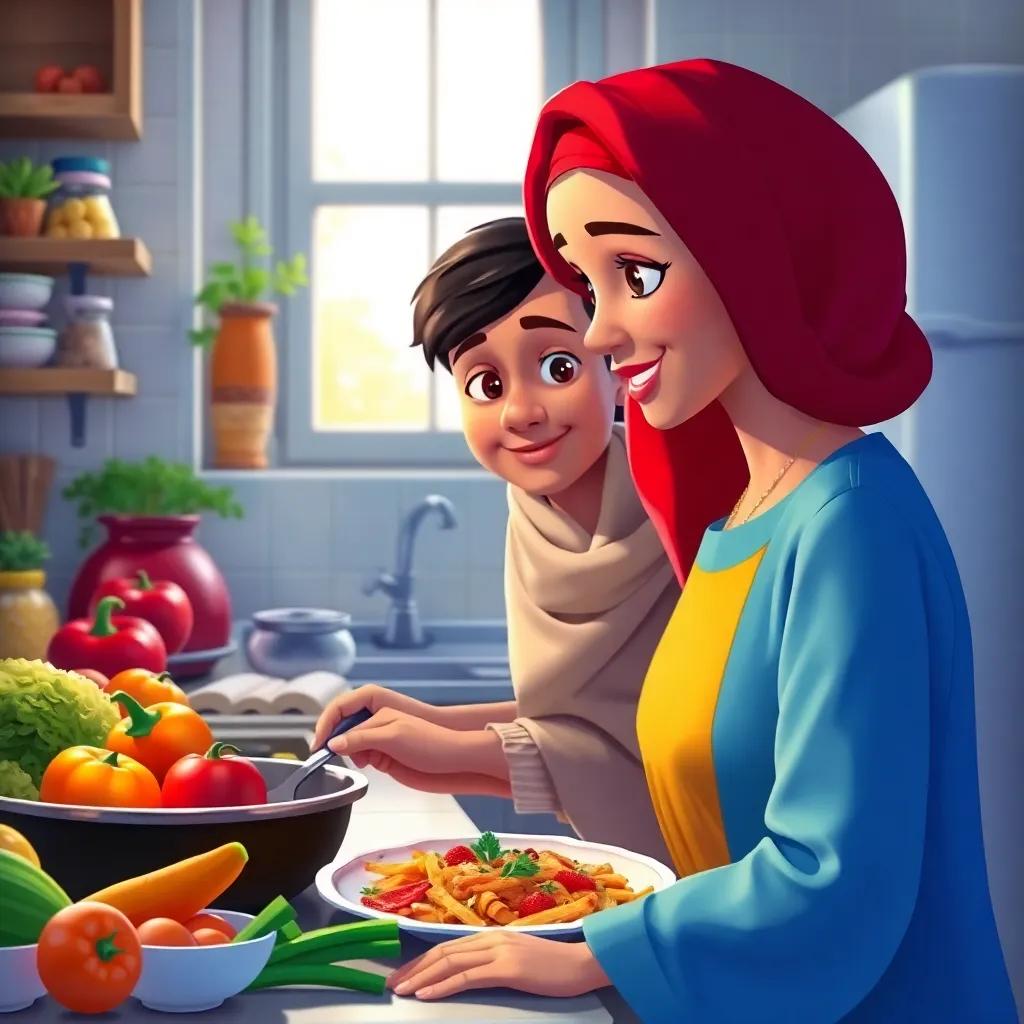 A kind woman, the Imam's wife, preparing a meal in the kitchen, looking lovingly at the boy, vibrant kitchen with fresh produce, homey atmosphere, family-friendly art, bright colors