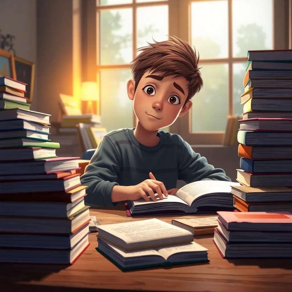 The boy, now a teenager, studying hard at a desk, piles of books around him, concentrated expression, warm light coming through the window, inspiring scene, educational theme, detailed illustration