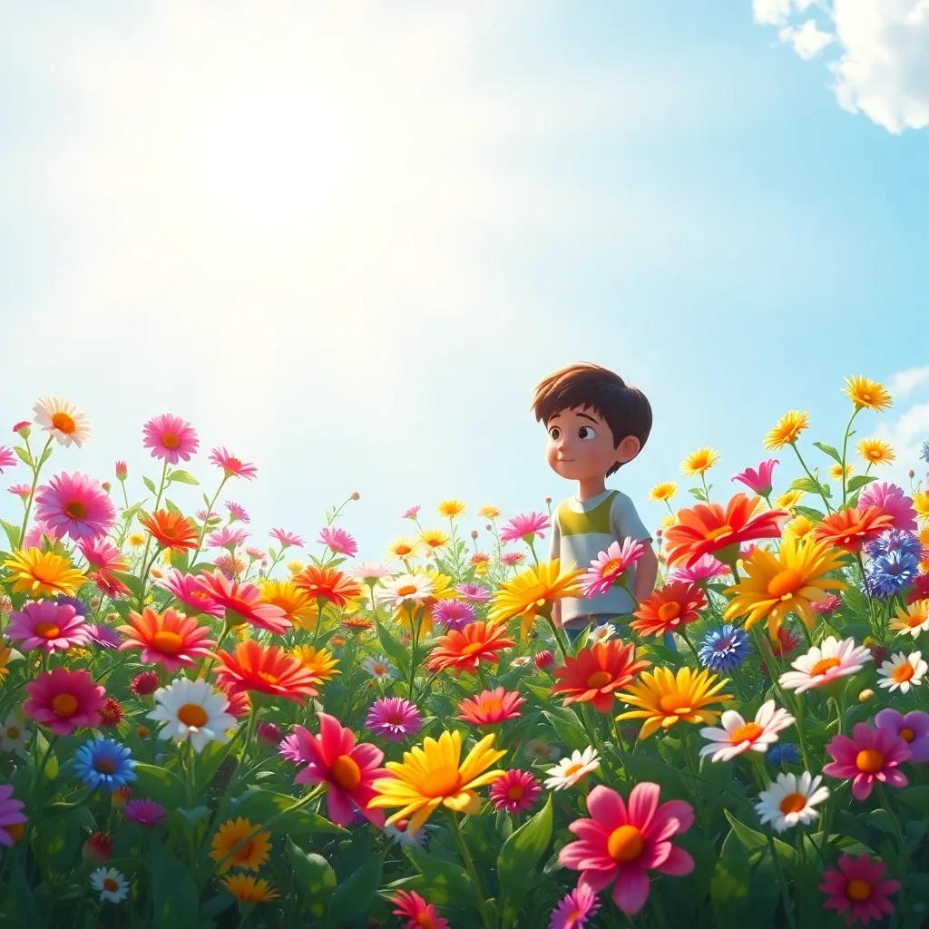 A blossoming garden representing the boy's dreams, with flowers blooming in vivid colors surrounded by sunlight, symbolizing growth and potential, creative representation, uplifting