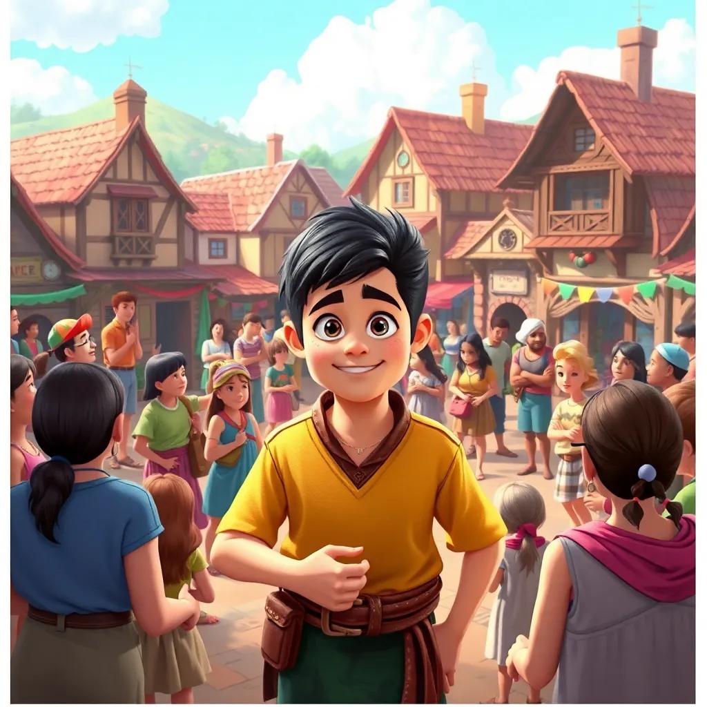 The young man, now strong and confident, leading a community meeting in the village square, townspeople gathered around, bustling village life, energetic atmosphere, vivid colors, dynamic illustration