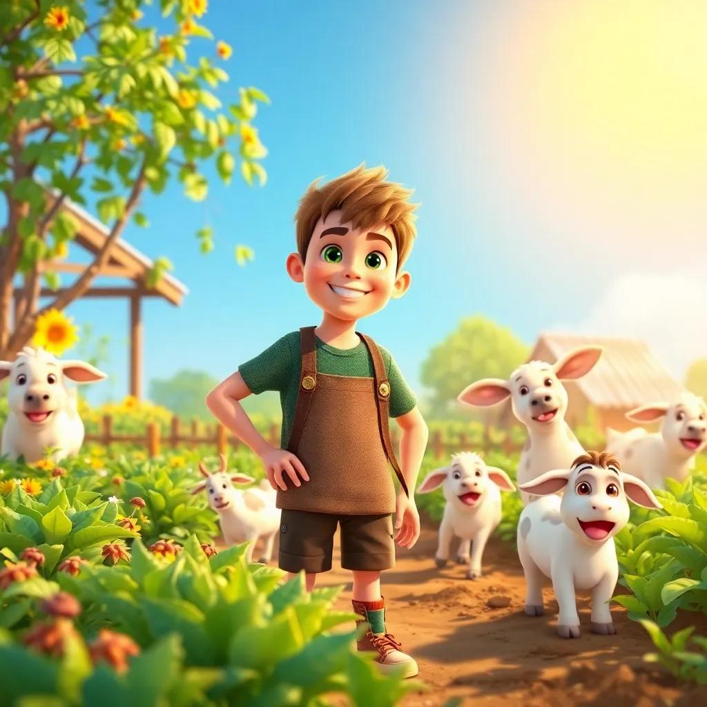 The boy, now wealthy and successful, managing a farm with lush crops and happy farm animals, showing his prosperity, bright sunny day, family-friendly art, joyful energy