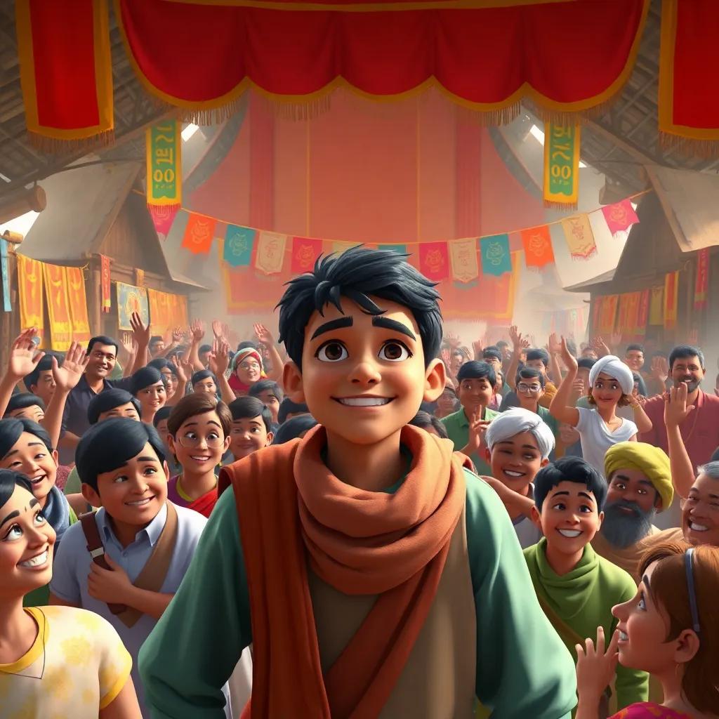 A grand village assembly with the young man as the head, people cheering him on, colorful banners, vibrant community spirit, celebratory atmosphere, high quality