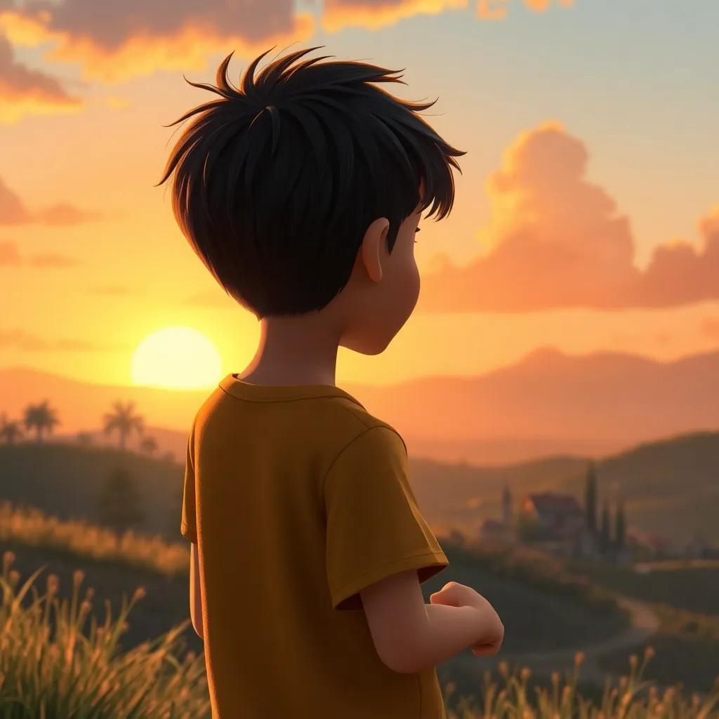 The boy reflecting on his journey, looking back at the village from a hilltop with gratitude, peaceful sunset, warm colors, emotional and thoughtful artwork.
