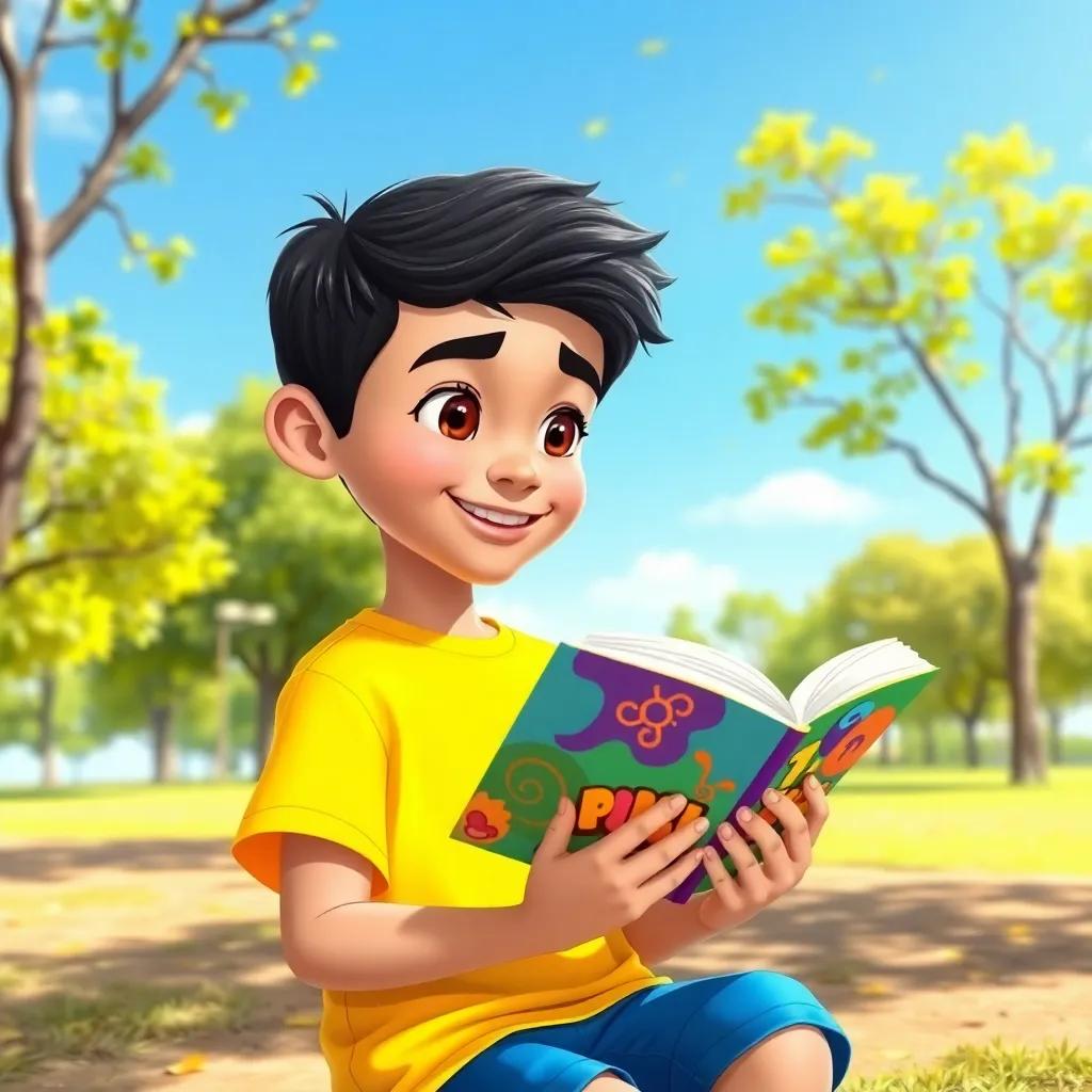 A young Arab boy, Sami, with short black hair, wearing a bright yellow T-shirt and blue shorts, reading a colorful book in a sunny park with trees and a blue sky, digital art, vibrant colors, cheerful atmosphere, high quality