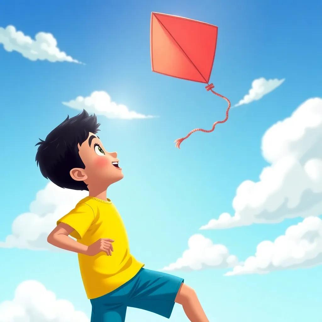 Sami, a young Arab boy with short black hair in a bright yellow T-shirt and blue shorts, excitedly imagining a beautiful kite soaring high in a clear blue sky, with fluffy white clouds and sunlight shining, illustration, dreamy, colorful, child-friendly