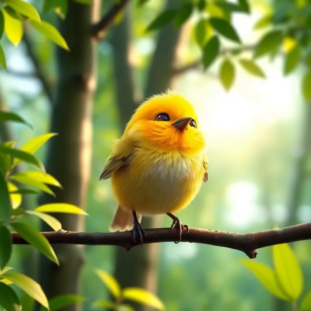 A small bird named Toto, with bright yellow feathers, chirping on a branch of a beautiful green tree in the forest, digital art, vibrant colors, lively atmosphere, close-up