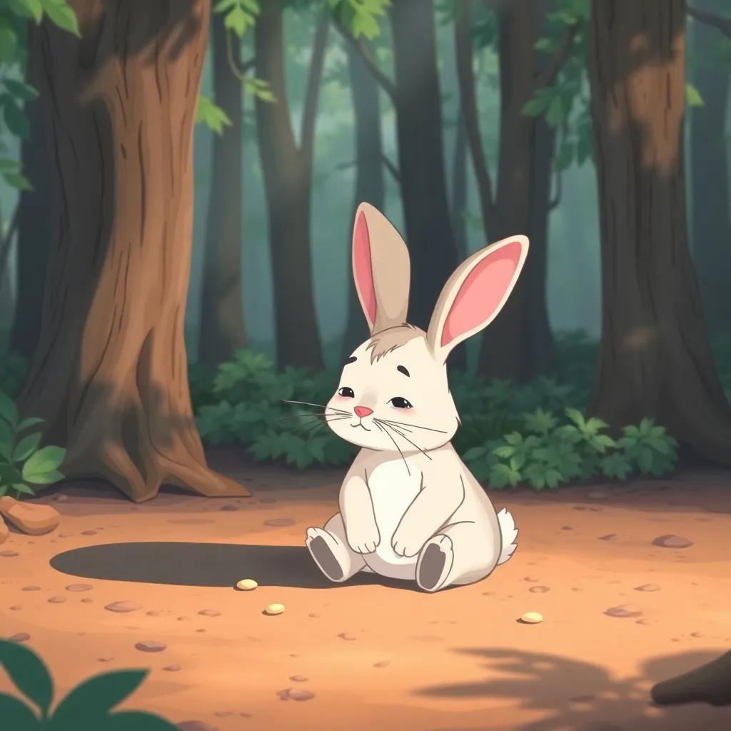 A sad rabbit sitting on the ground with a few crumbs around him, looking lost in the forest, accompanied by a gentle breeze blowing through the trees, illustration, soft colors, emotional