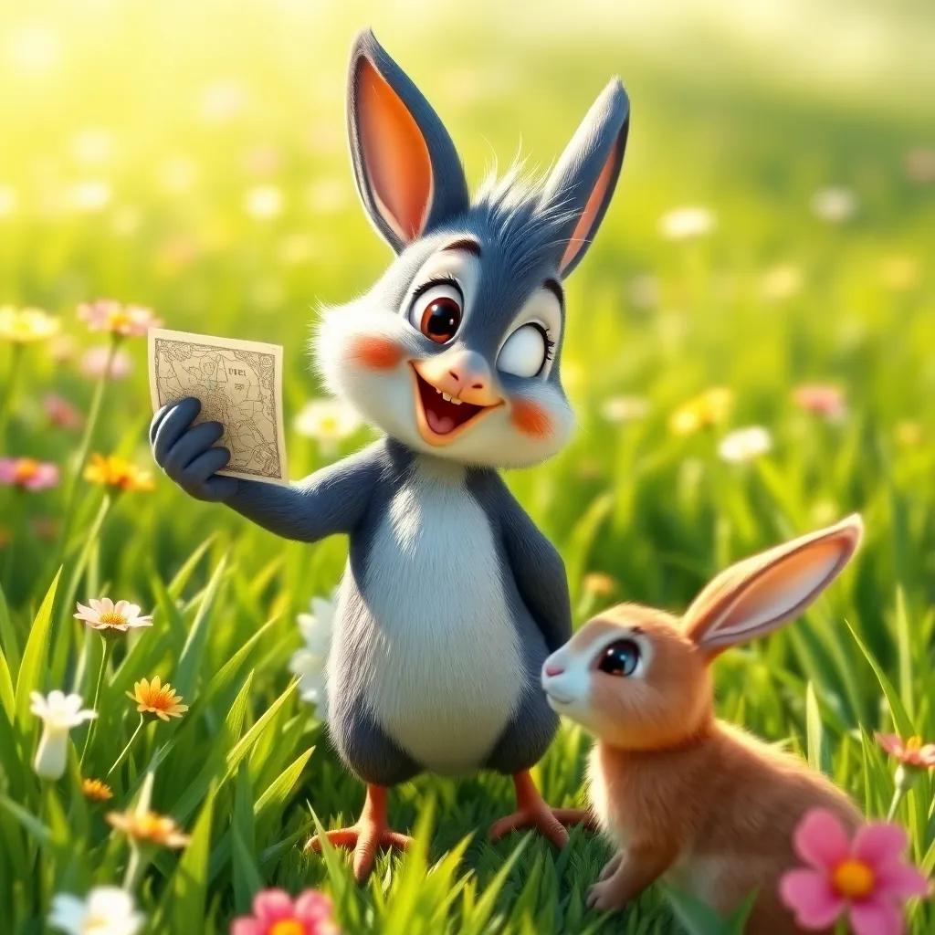 A small bird, Toto, showing the way to a rabbit, holding a tiny map in his beak, surrounded by green grass and flowers, bright sunlight, cheerful feeling, friendly