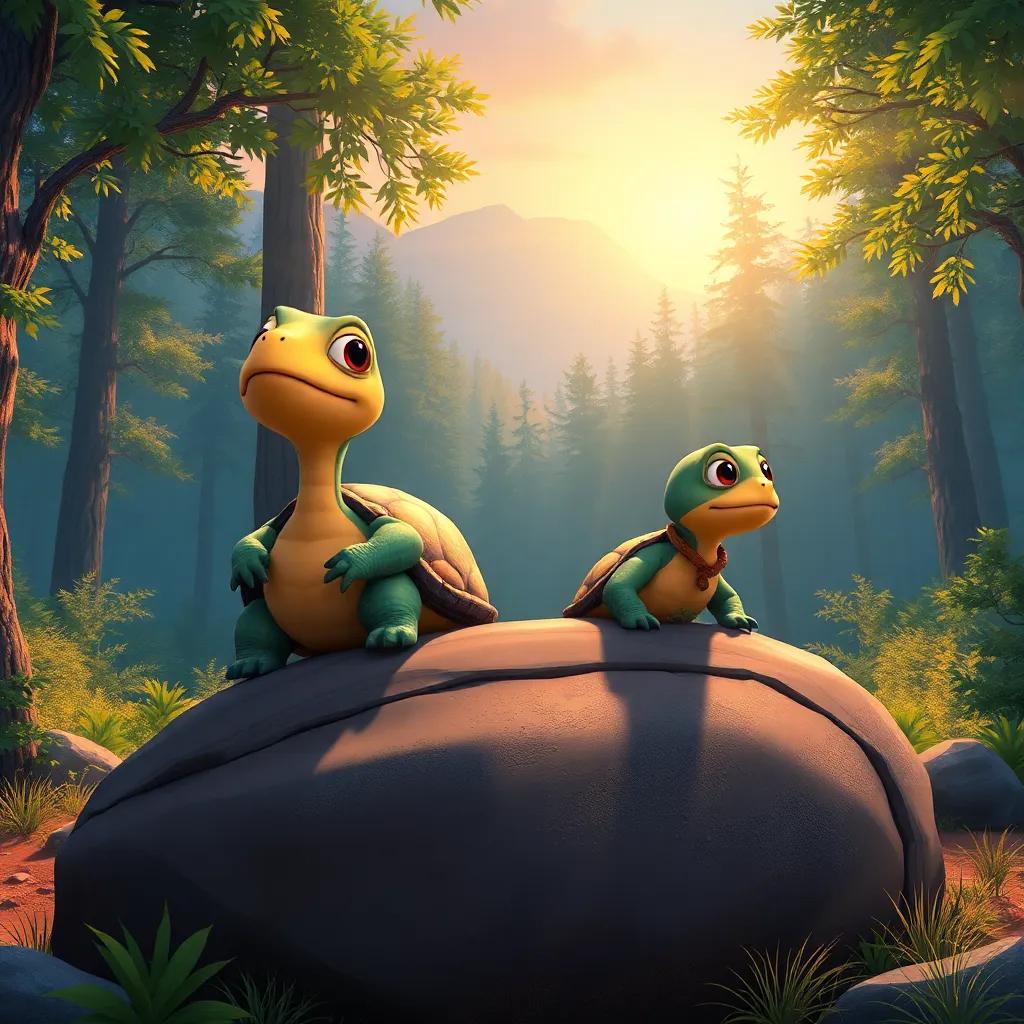 A turtle looking thoughtful while sitting on a big rock, with a wise expression, reflecting the sunlight, surrounded by a peaceful forest landscape, illustration, warm colors, inspiring