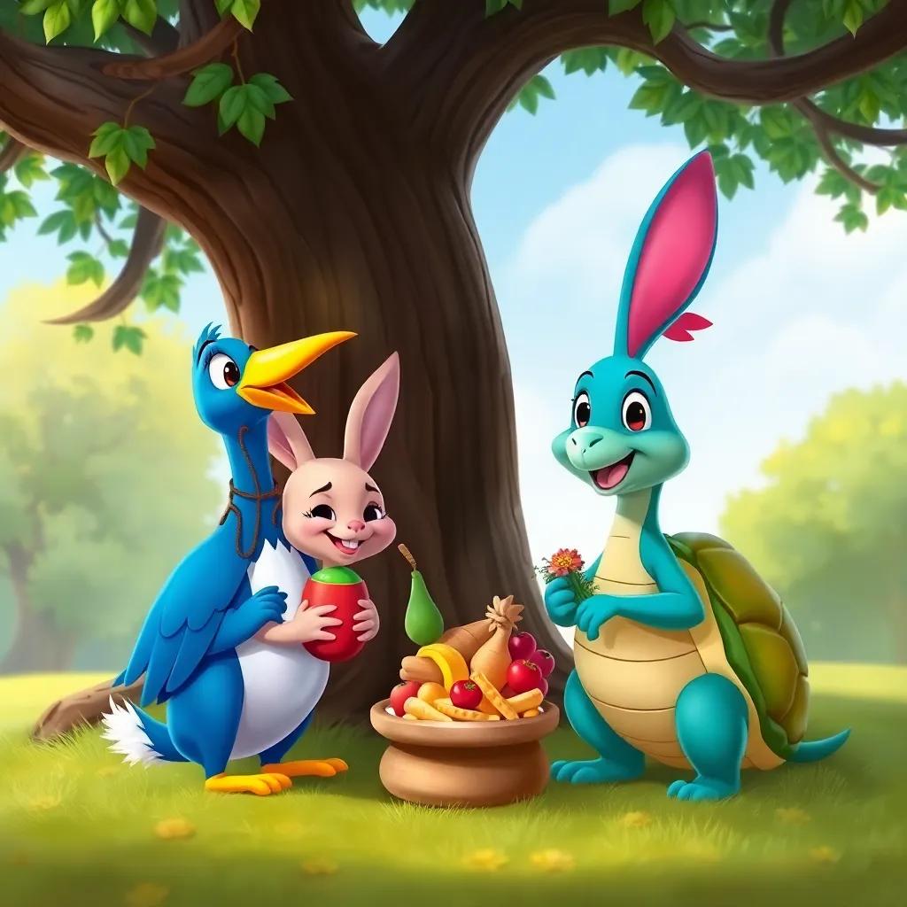 Toto the bird, with the rabbit and turtle smiling together, each holding their own food items and planning together under a big tree, illustrating teamwork, colorful, joyful scene