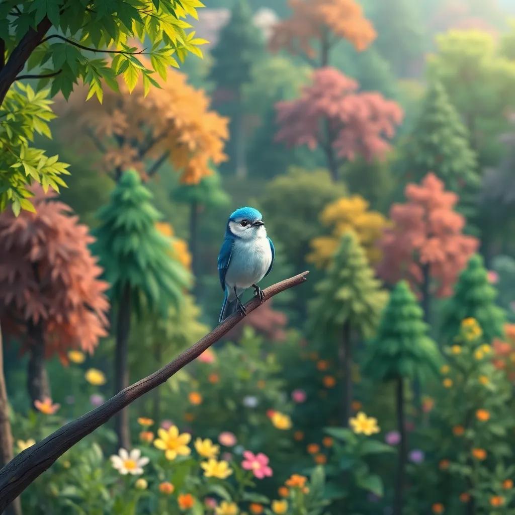 A small blue bird sitting on a high branch, surrounded by a green forest filled with colorful trees and flowers, digital art, vibrant colors, cheerful atmosphere, high quality