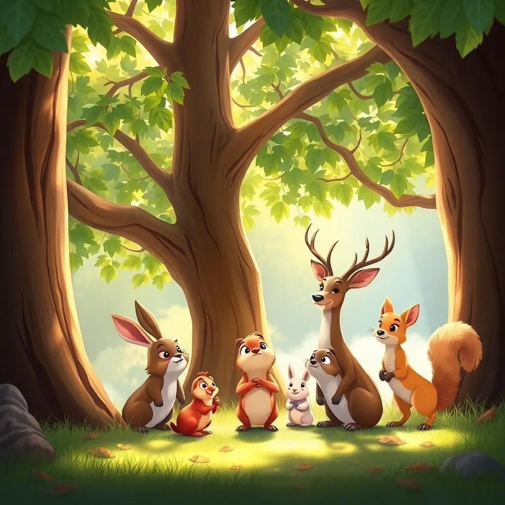 The small bird gathering animals like a rabbit, a deer, and a squirrel under a big tree, all looking curious and excited, illustration, warm sunlight filtering through leaves, bright and friendly