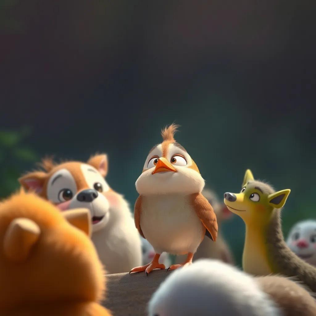 The small bird with animals listening attentively, showing expressions of fear and then learning to take deep breaths, digital painting, soothing colors, engaging vibe, quality details