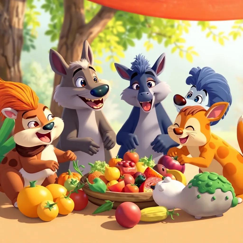 The animals working together to prepare a delicious meal, gathering fruits and vegetables with a joyful spirit, bright and colorful setting, lively energy, storytelling scene