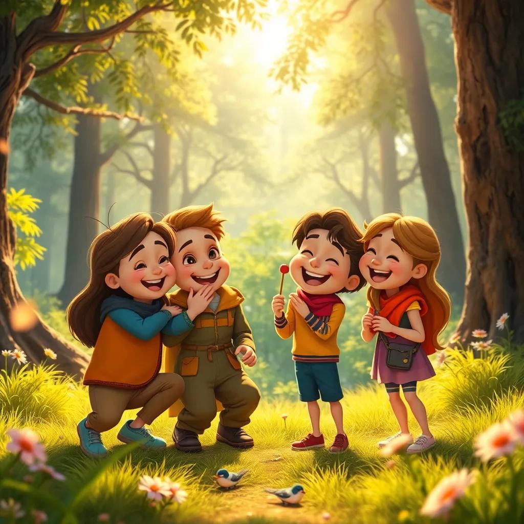 The friends thanking the little bird, with smiles and laughter, in a beautiful forest clearing, warm sunlight, vibrant colors, heartwarming atmosphere