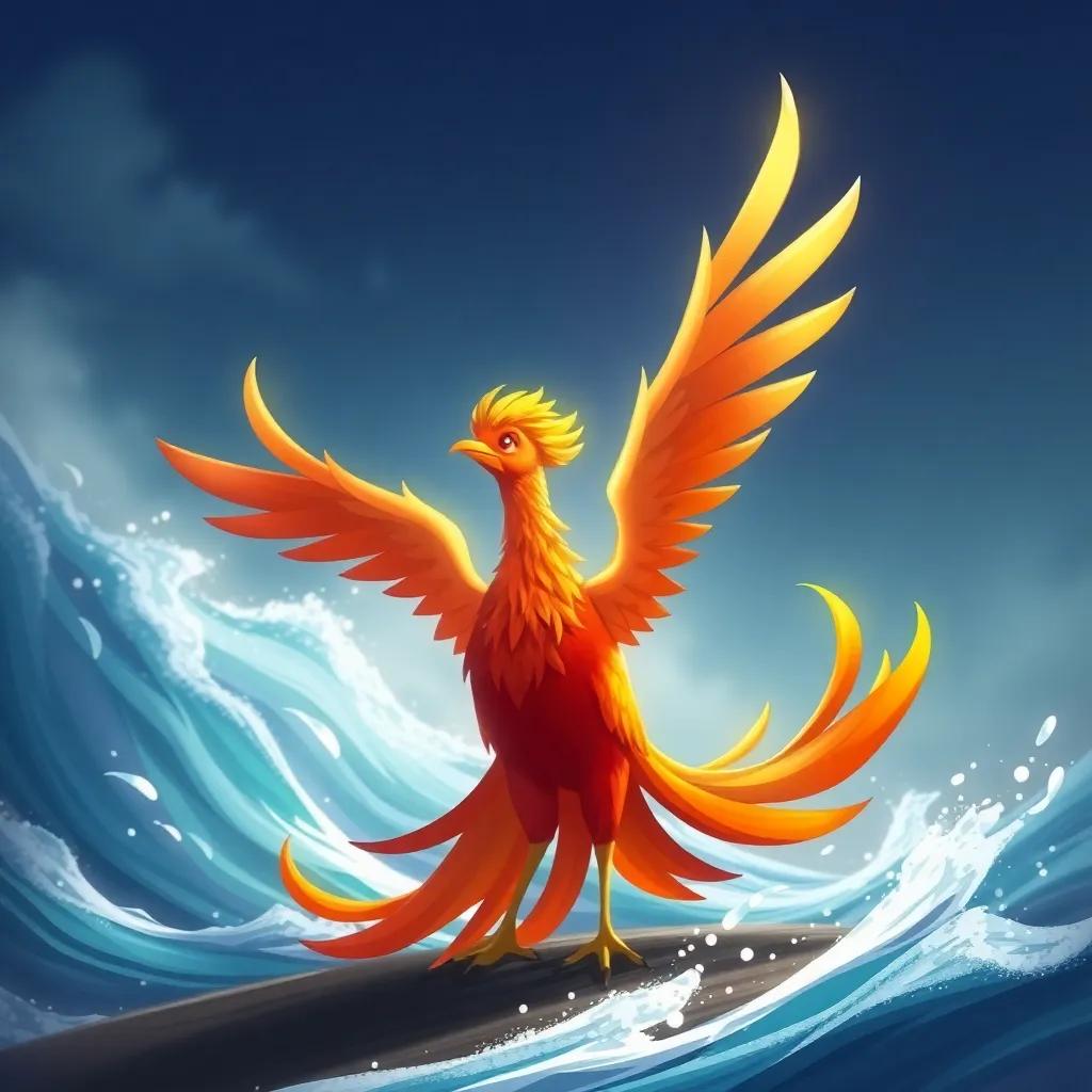 The phoenix bird standing strong against the strong winds with its feathers shining in the sunlight, illustration, colorful, exhilarating, child-friendly