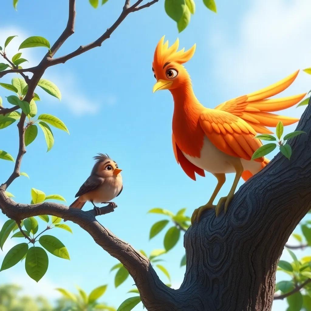 A small bird stuck in a tree with worried eyes, while the phoenix bird observes it thoughtfully from above, cheerful, heartwarming scene, bright colors, high quality