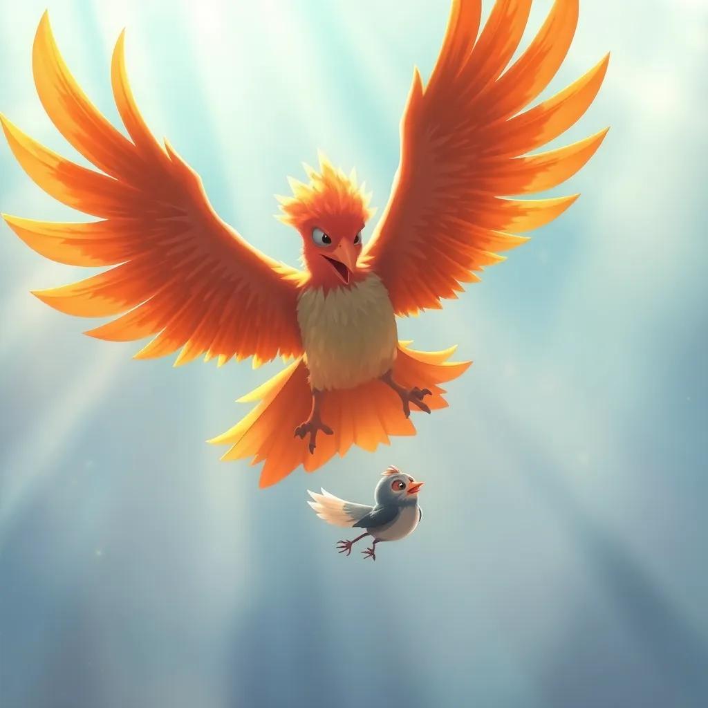 The phoenix flying down to rescue the small bird with determination in its eyes, surrounded by sparkling rays of sunlight, digital painting, action-themed
