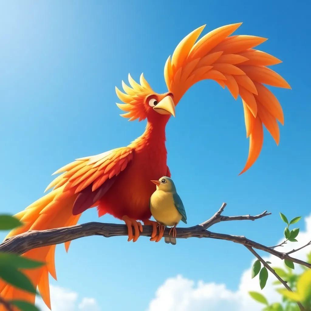 A happy moment of the phoenix and the small bird together, sitting on a branch under a clear blue sky, friendship and joy depicted, warm light, colorful, high quality