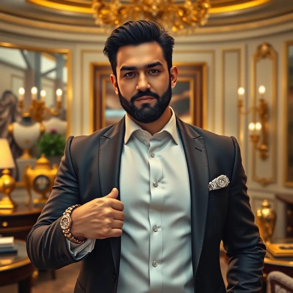 A wealthy man, Sami, with a sharp suit and expensive watch, standing arrogantly in a lavish office, surrounded by gold and luxury items, digital art, detailed, bright colors, inviting atmosphere