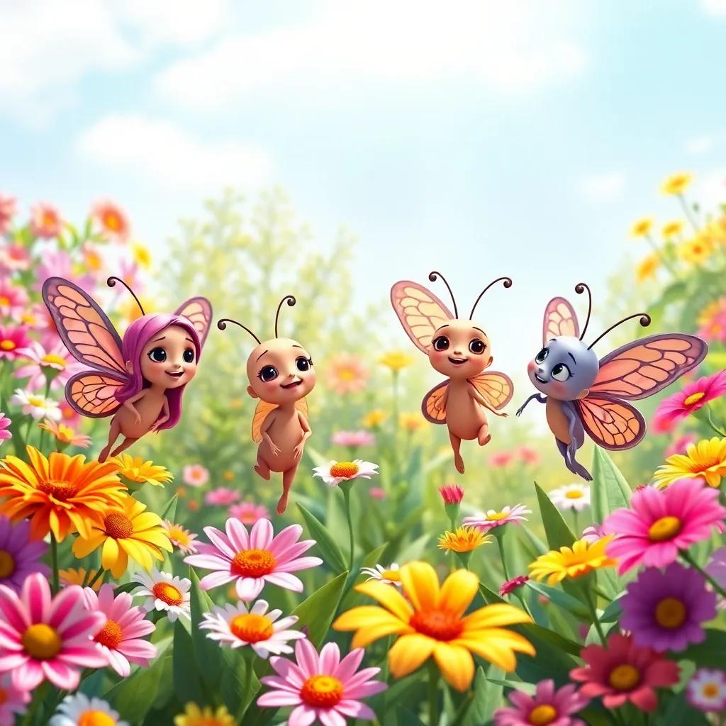 Four little butterflies, Noura, Sarah, Lina, and Dana, playing among colorful flowers in a beautiful garden, sunny day, digital art, vibrant colors, cheerful atmosphere, high quality