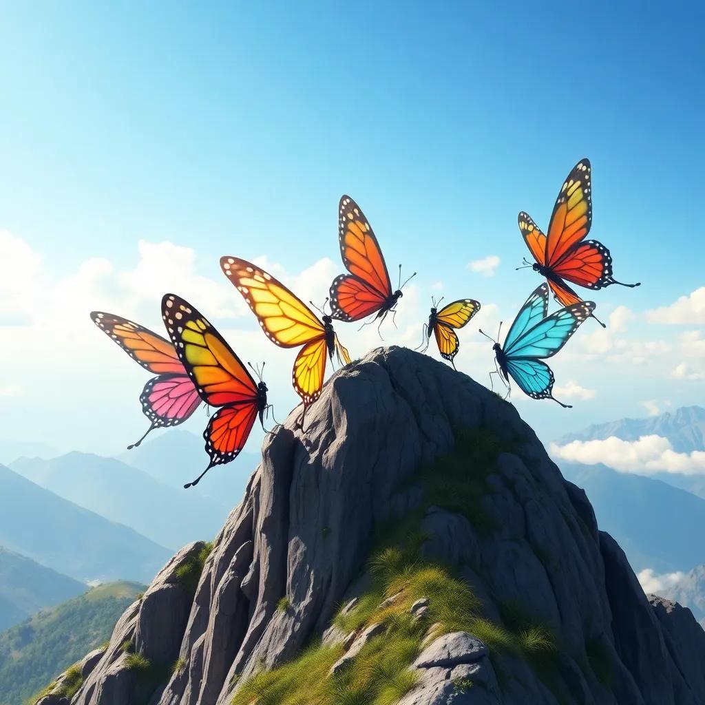 Four butterflies practicing flying on a high mountain with gentle breezes, Noura, Sarah, Lina, and Dana, colorful wings, bright sky, detailed illustration, uplifting mood, clear view