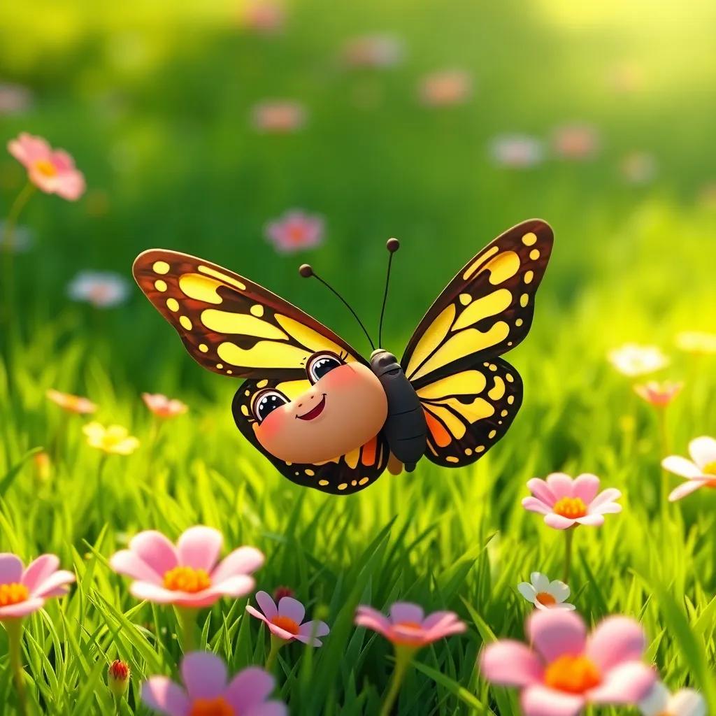 Dana the butterfly trying to fly, falling softly on green grass, with Noura and Sarah encouraging her, surrounded by flowers, warm sunlight, friendly atmosphere, child-friendly style