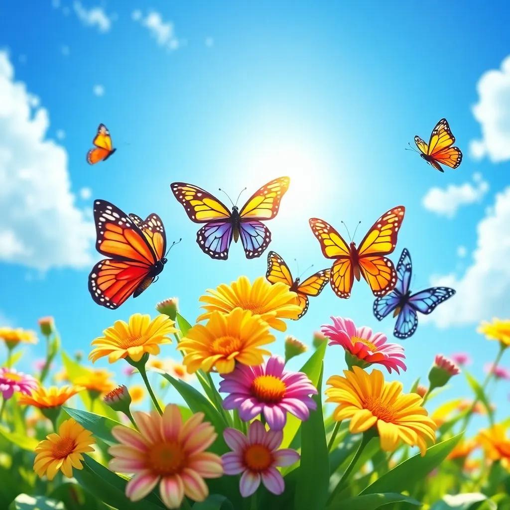 The four butterflies flying joyfully around colorful flowers, singing happily in a bright blue sky where the sun shines, joyful expression, vivid colors, heartwarming scene, cheerful style