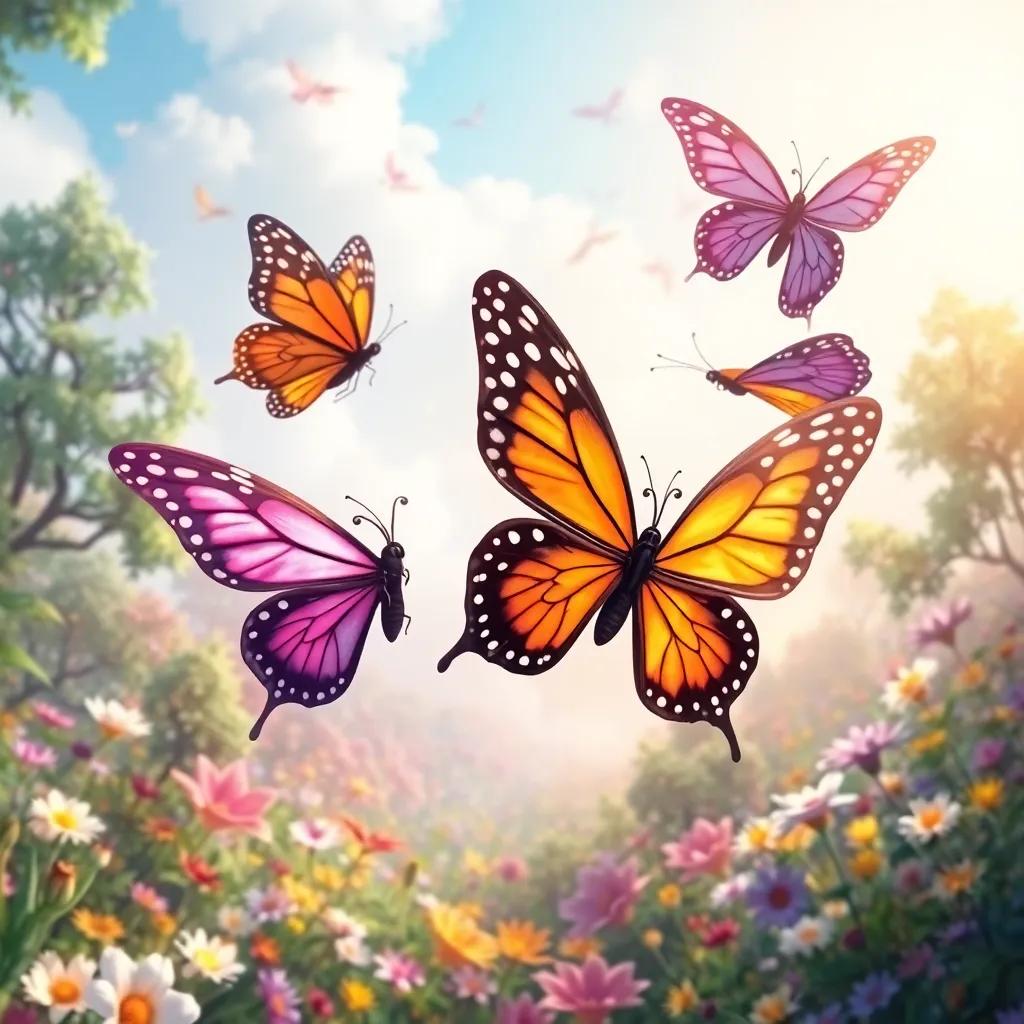 The four butterflies soaring together amidst a beautiful nature scene filled with flowers and trees, feeling happy and free, friendship vibes, colorful, magical atmosphere, fantasy art