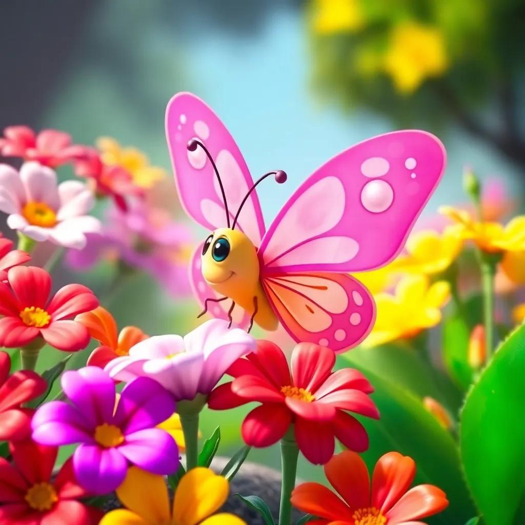 Layla, the butterfly, encouraging flowers, vibrant colors and beautiful blooms, digital art, bright and lively scene, joyful interaction, high quality