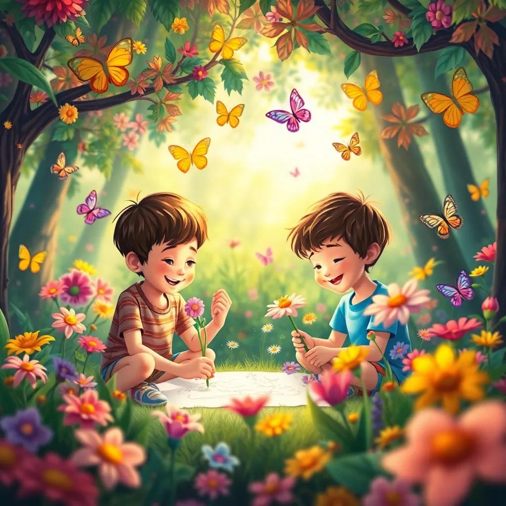 Children playing and drawing flowers in a colorful forest, surrounded by happy butterflies, joyful expressions, illustration, warm light, engaging environment, high quality