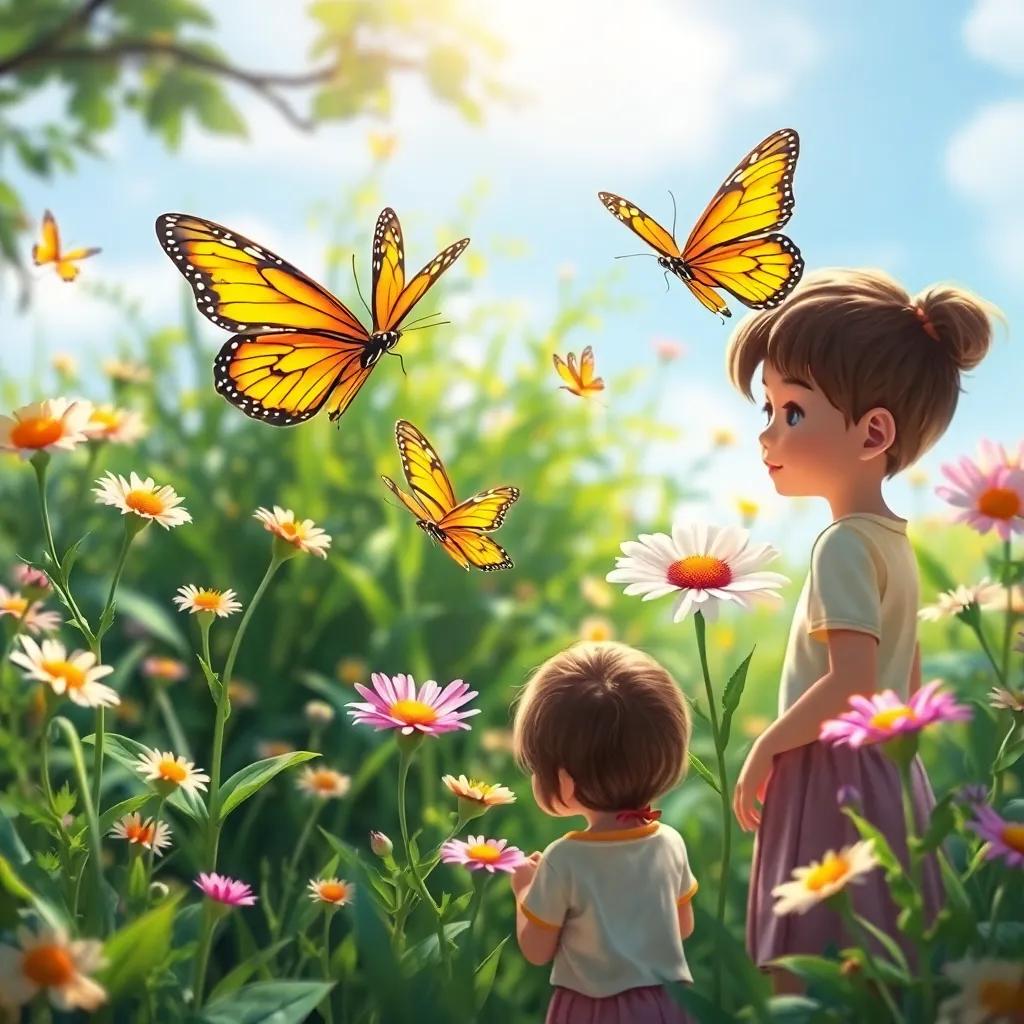 Butterflies and flowers happily showcasing the beauty of nature, children observing and learning, surrounded by greenery and sunlight, digital painting, educational theme, high quality