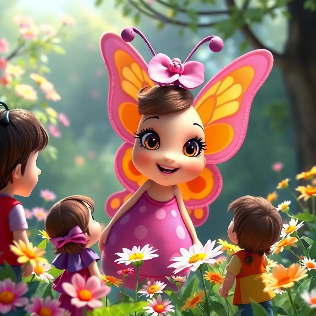 Layla the butterfly talking to children about nature, flowers blooming around them, a sense of wonder and joy, bright colors, inviting scenery, high quality