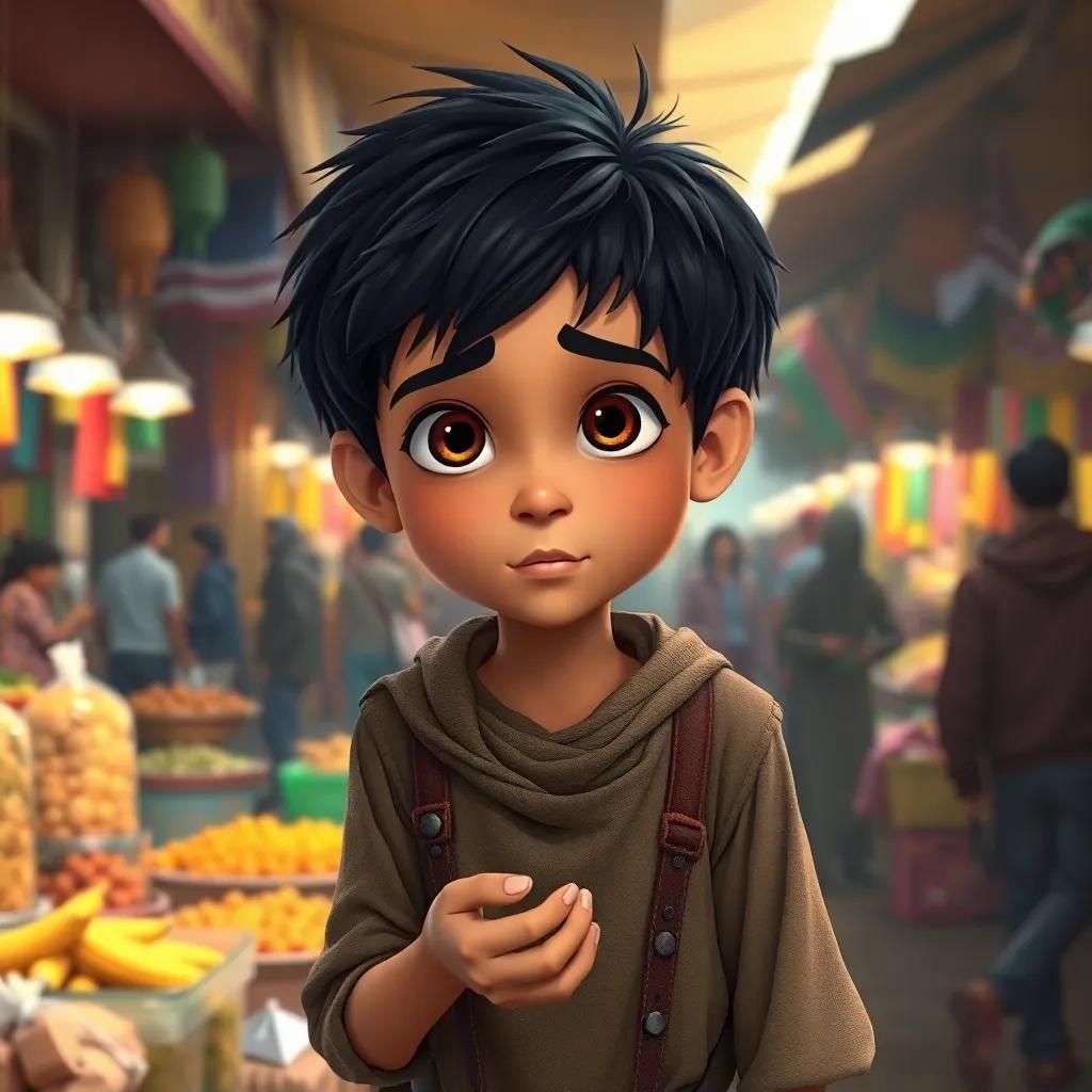 A young Arab boy, Ali, with short black hair, wearing simple, tattered clothes, searching for food in a bustling market filled with colorful stalls and people, digital art, warm colors, hopeful atmosphere
