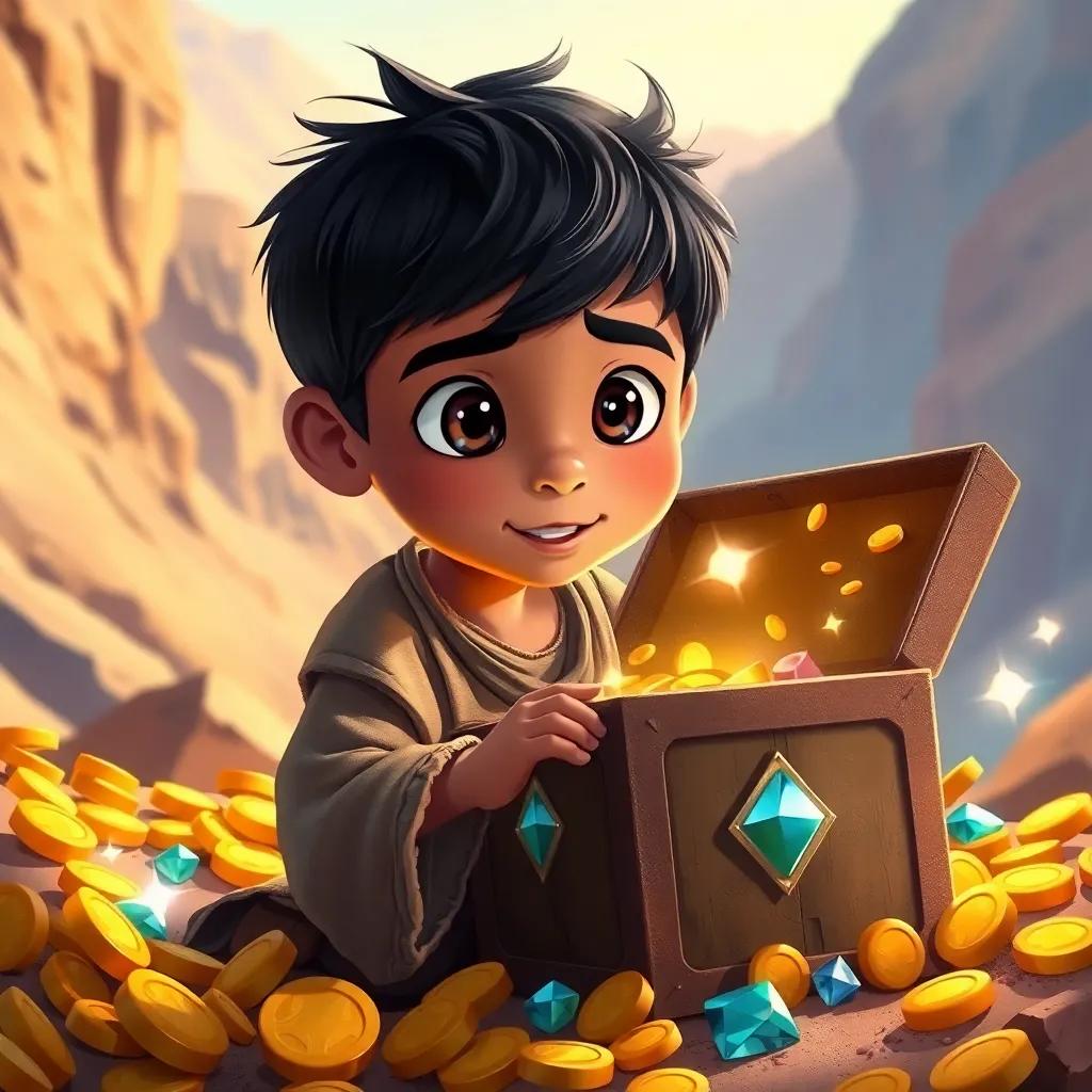 A young Arab boy, Ali, with short black hair, wearing simple, tattered clothes, discovering a treasure chest in the mountains, surrounded by golden coins and sparkling gems, illustration, adventurous, bright light, vibrant colors