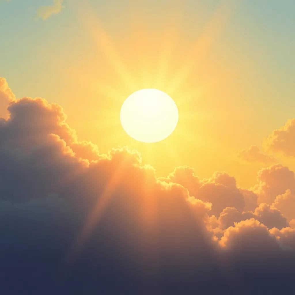 The sun shining brightly on the horizon, sending golden rays into the sky, with fluffy clouds in the background, cheerful and inviting, illustration, vibrant colors