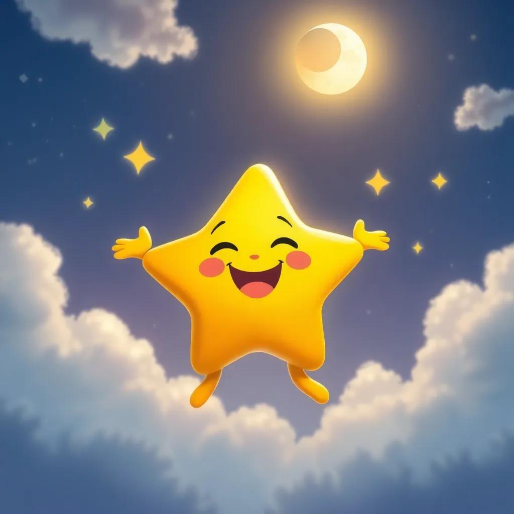 A joyful small star dancing in the sky, with a big smile on its face, celebrating the beautiful collaboration of the moon and sun, colorful and cheerful, child-friendly