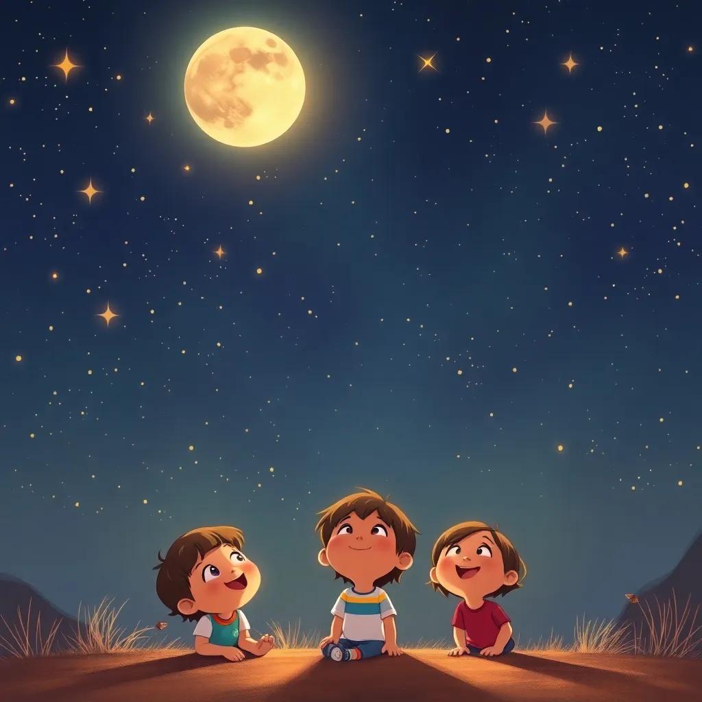 A lively night sky filled with stars and the glowing moon, with children on the ground looking up in admiration, happy expressions, warm colors, heartwarming scene