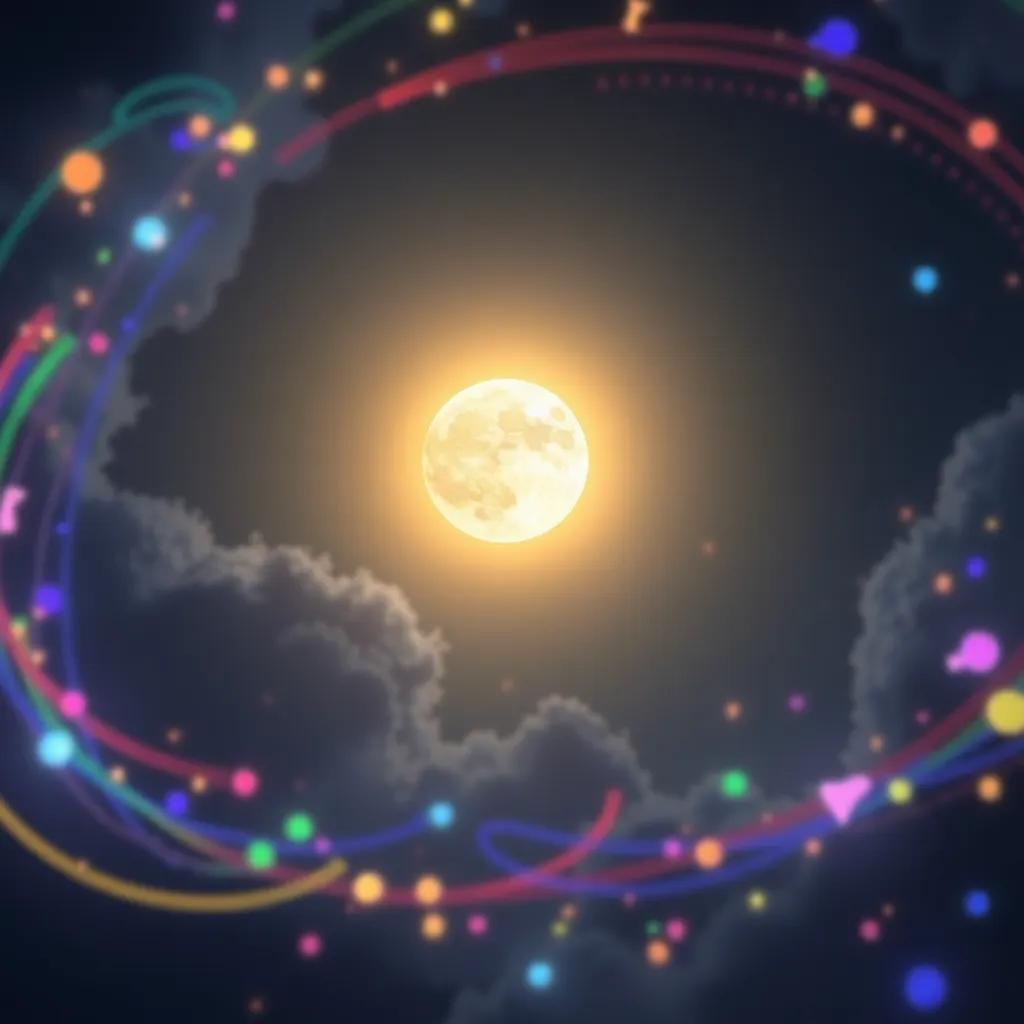 A glowing moon and bright sun together in the sky, surrounded by swirling colorful lights, representing joy and cooperation, bright and magical, uplifting atmosphere