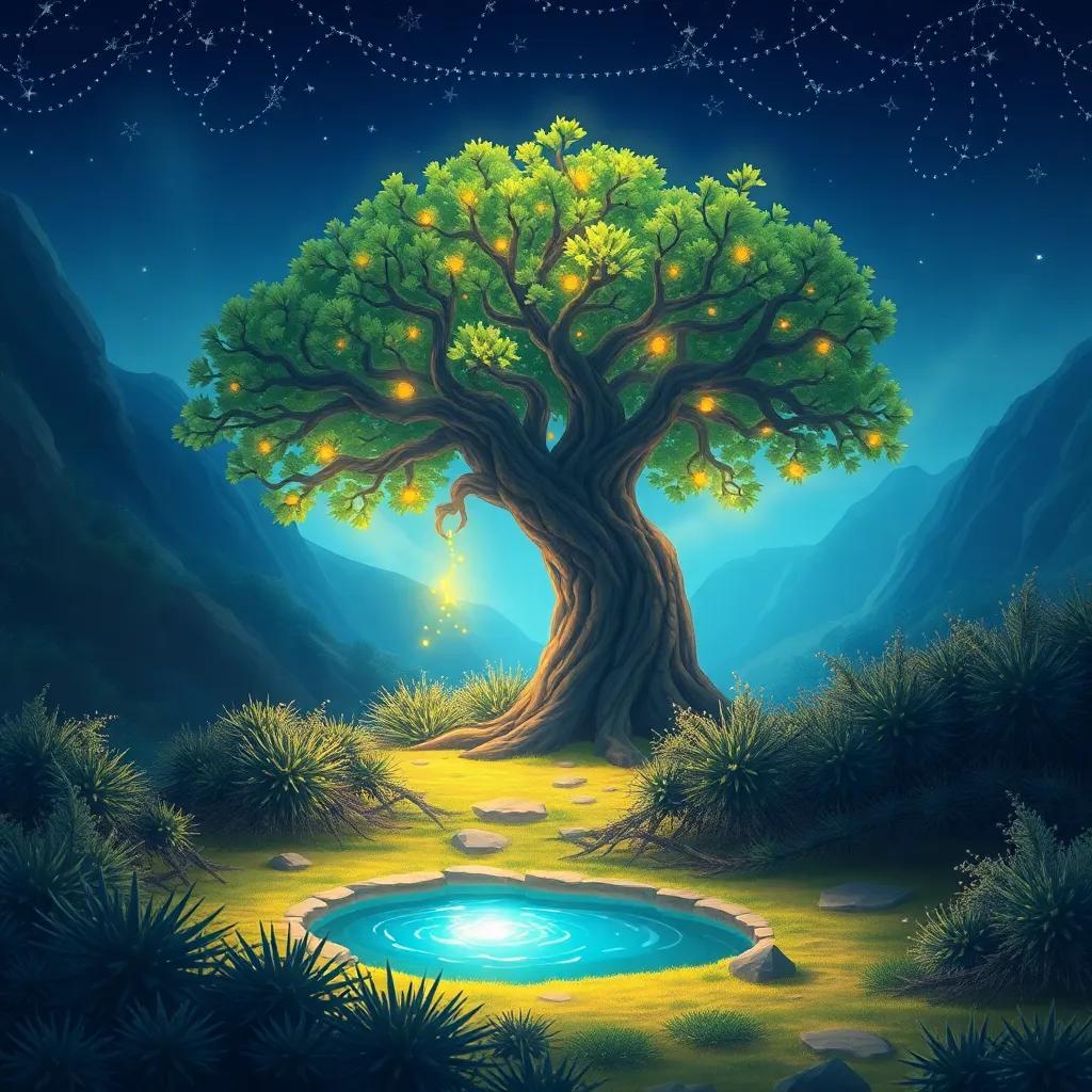 An ancient acacia tree in the heart of a hidden valley, surrounded by thorny bushes, with a small shimmering pool under its branches, glowing softly, a bright starry string, capturing the essence of light and life, illustration, vibrant, forest-like, enchanting scene, child-friendly