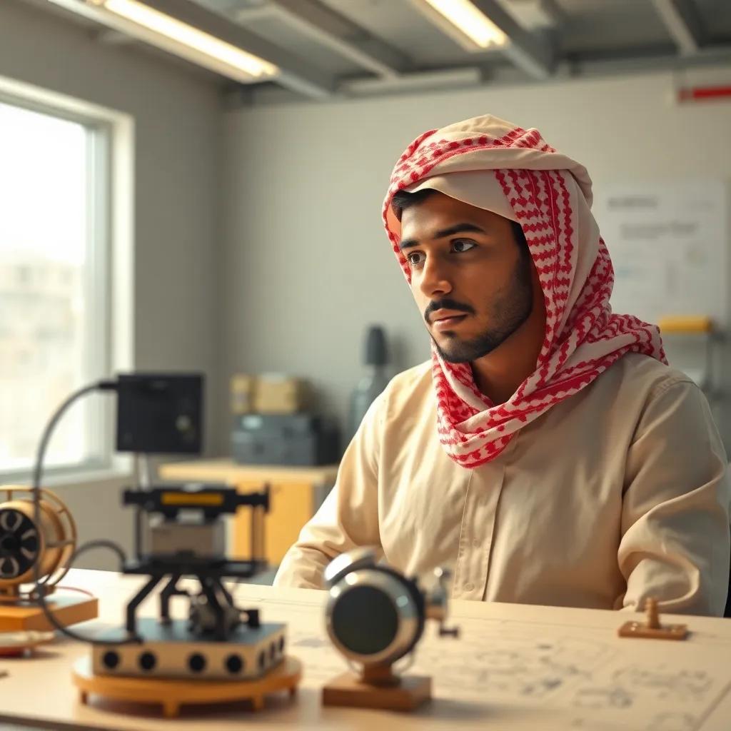 Sami, the young Omani inventor, looking thoughtfully at his invention in a well-lit room with blueprints and energy-saving devices around him, focused expression, bright colors, detailed design, inspiring atmosphere
